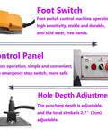 Banfluxion 110V woodworking hinge drilling machine with orange foot switch, control panel, and depth-adjust unit.
