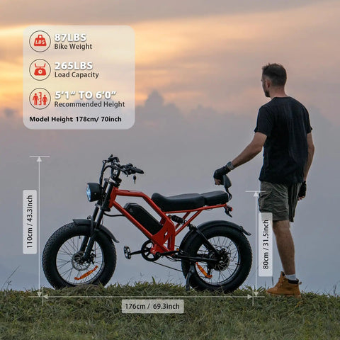 Man standing with Beast 1500W Fat Tire Electric Bike For Adults With 48V 18Ah Removable Battery 20 Inch MTB Ebike in orange red