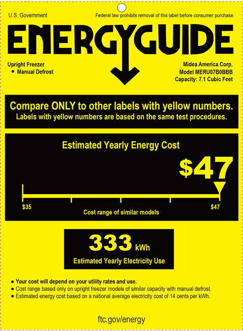 Energy guide label for Big Capacity 7.1 Cu Ft Upright Freezer Refrigerator Convertible in Black with One Touch Switch.