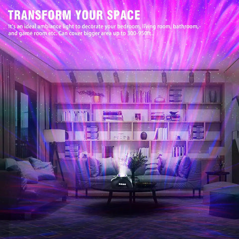 Living room with Northern Lights Aurora Projector 4 In 1 Night Light Ambient Galaxy Sky Projector With Bluetooth Speaker.