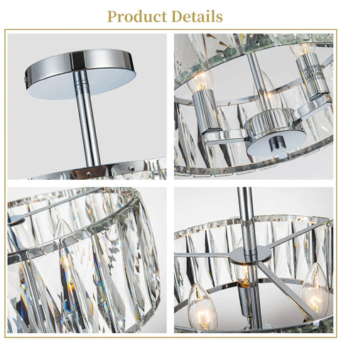 Sleek Modern Crystal Semi Flush Mount Chandelier With 12.6 Inch Round Drum Shade, 3 Light E12 Ceiling Fixture In Chrome Finish