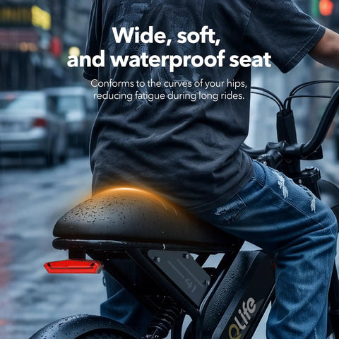 Spark D1 Fat Tire Electric Bike For Teens And Adults, 1500W Peak Motor, 48V 10.4Ah Battery, 16 Inch eBike With 20 Plus MPH Top Speed, Easy City Cruising And Trail Riding, Black wide waterproof seat close-up