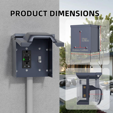 Solid As A Rock Weatherproof Outdoor Outlet Box Featuring Integrated GFCI Receptacle And Wall Switch ETL Certified dimensions on grey wall.