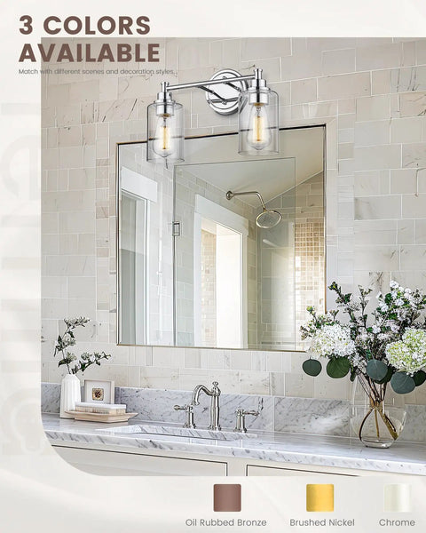 Bathroom with Four Light Vanity Lighting Fixture With Chrome Finish And Clear Glass Shades For Totally Modern Bathroom Vanity Over Mirror Perfect For Powder Room Or Master Bath Decor Easy Install And Showpiece Chrome Look, shown above a mirror