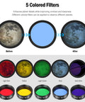 Five planetary color filters display from the Six-Piece 1.25-Inch Telescope Eyepiece Filter Set Pro-Grade to enhance lunar views.
