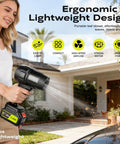Person using Ultra Lightweight Cordless Leaf Blower with Turbo Boost Up To 10,000 RPM, 21V Power, for leaves on driveway