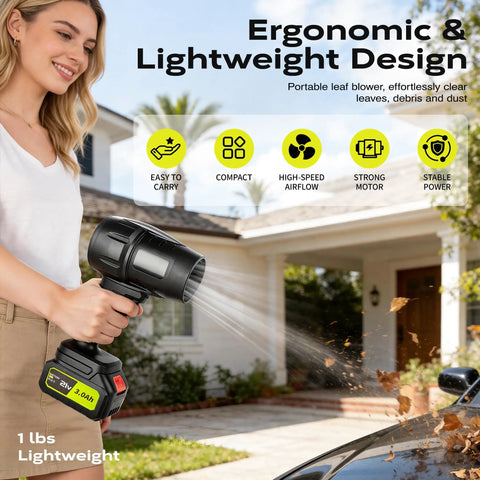 Person using Ultra Lightweight Cordless Leaf Blower with Turbo Boost Up To 10,000 RPM, 21V Power, for leaves on driveway