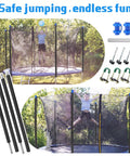 Top Shelf 2 Set Trampoline Pole Replacement Kit With Upper And Lower Straight Tubes Universal Enclosure Accessories Foam Sleeves Pole Caps And Heavy Duty Hardware Fits 8 To 16 Feet No Sweat Setup with trampoline and accessories in backyard.