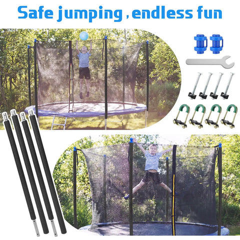 Top Shelf 2 Set Trampoline Pole Replacement Kit With Upper And Lower Straight Tubes Universal Enclosure Accessories Foam Sleeves Pole Caps And Heavy Duty Hardware Fits 8 To 16 Feet No Sweat Setup with trampoline and accessories in backyard.