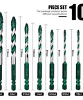 FEWELL 10-piece serrated eccentric masonry drill bit set in green, sizes 1/8–1/2 in (front view)