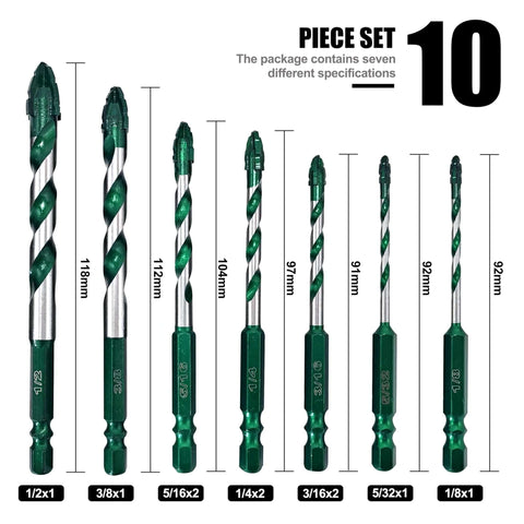FEWELL 10-piece serrated eccentric masonry drill bit set in green, sizes 1/8–1/2 in (front view)