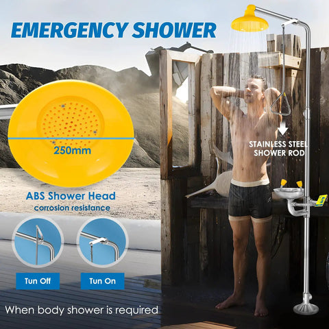 Heavy Duty Combo Safety Shower And Eyewash Station with ABS shower head and stainless steel rod for emergency use.