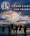 Silhouettes of people jumping on a beach at sunset with ETL safety certification and Intertek logo overlay.