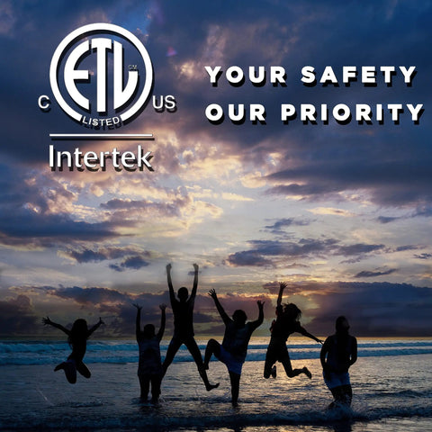 Silhouettes of people jumping on a beach at sunset with ETL safety certification and Intertek logo overlay.
