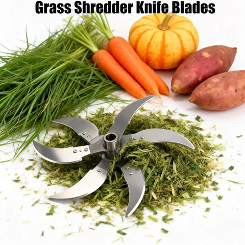 Six Blade Stainless Steel Grass Shredder Kit For Home Farm Use With 12 Mounting Holes, Four To Six Blade Configurations, Livestock Feed And Grass Chopper For Hay, Grass, Fruits, And Chopped Fodder. 6-blade stainless steel with 85mm blades, shown with chopped hay and vegetables