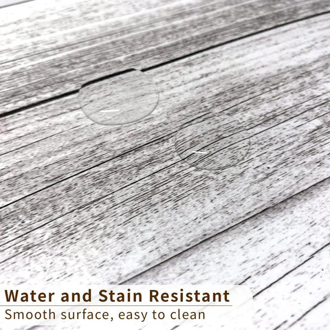 Close-up of 14 Piece Peel And Stick Stair Risers Self Adhesive Vinyl Stickers with faux weathered rustic wood look, water resistant.