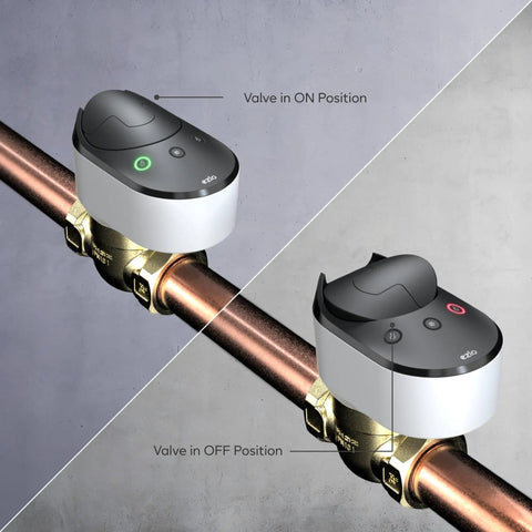 Smart Water Shut Off Valve With Z Wave Hub Compatibility 1 Inch Lead Free Brass Ball Valve With An Actuator Automated Leak Detection And Prevention Works With SmartThings Hubitat Ezlo And Other Z Wave Hubs, ON and OFF views