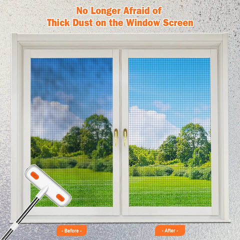 Long-Handle Window Screen Cleaning Brush For Home Windows And Screen Doors demonstrating cleaning effect on window mesh screens.