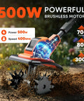 Cordless Garden Tiller Cultivator With 21V Battery Lightweight Rototiller showcasing 500W brushless motor in action