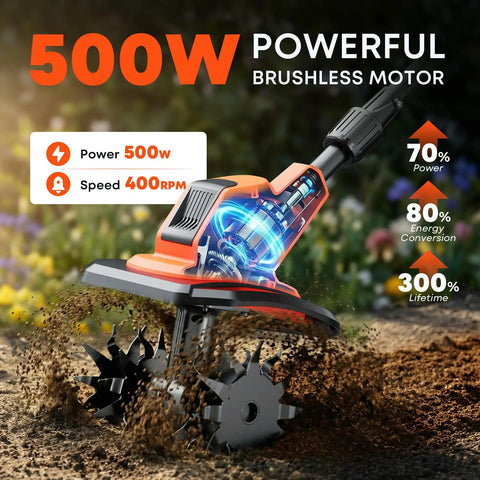 Cordless Garden Tiller Cultivator With 21V Battery Lightweight Rototiller showcasing 500W brushless motor in action