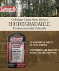 Trail Ready Camp Soap Sheets For Hiking And Camping packaging with 25 perforated travel sheets displayed in a forest background