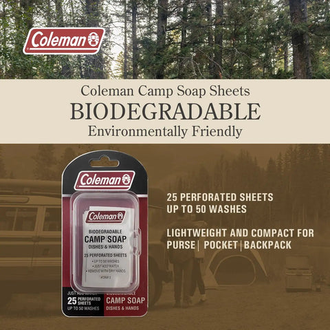 Trail Ready Camp Soap Sheets For Hiking And Camping packaging with 25 perforated travel sheets displayed in a forest background