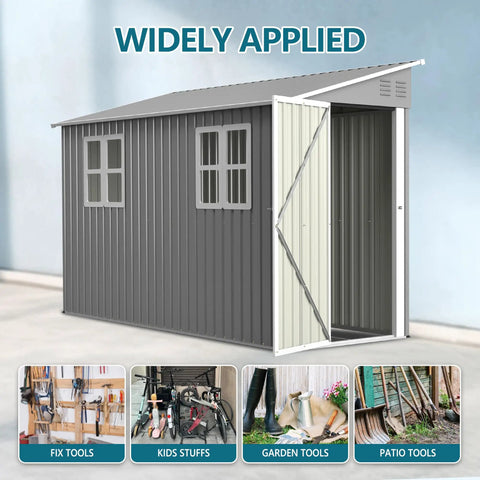 Lean To Shed 4x10 Ft With Floor Frame And Windows Heavy Duty Metal Outdoor Storage Shed Large Tool Shed Gray with open door