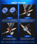 Orion Motor Tech turbo leakage tester kit with blue stepped adapters, brass fittings, hose, regulator and pressure gauge.