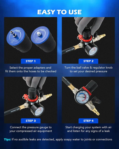 Orion Motor Tech turbo leakage tester kit with blue stepped adapters, brass fittings, hose, regulator and pressure gauge.