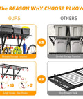 Comparison of the Garage Wall Shelf With Two Bike Hooks And Vertical Bike Hanger, Heavy Duty Powder Coated Steel Organizer For Tools, Gear, And Sports Equipment, Adjustable Spacing Design, 31.5 Inch Long, 15.4 Inch Wide, 13.4 Inch High, showing its storage functions against a competing product.