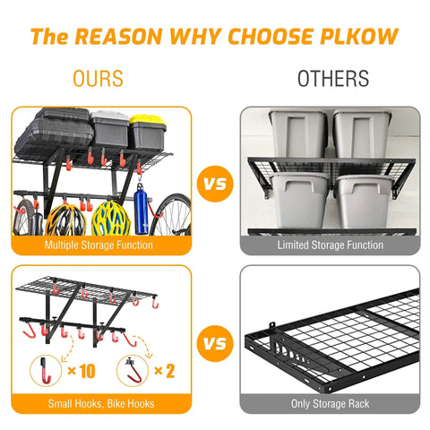 Comparison of the Garage Wall Shelf With Two Bike Hooks And Vertical Bike Hanger, Heavy Duty Powder Coated Steel Organizer For Tools, Gear, And Sports Equipment, Adjustable Spacing Design, 31.5 Inch Long, 15.4 Inch Wide, 13.4 Inch High, showing its storage functions against a competing product.