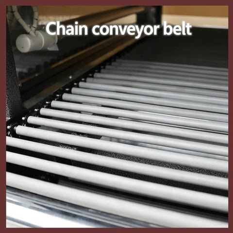 Premium 220V Shrink Tunnel Packaging Machine Heat Shrink Wrapper with heavy duty chain conveyor belt, close-up view of conveyor.