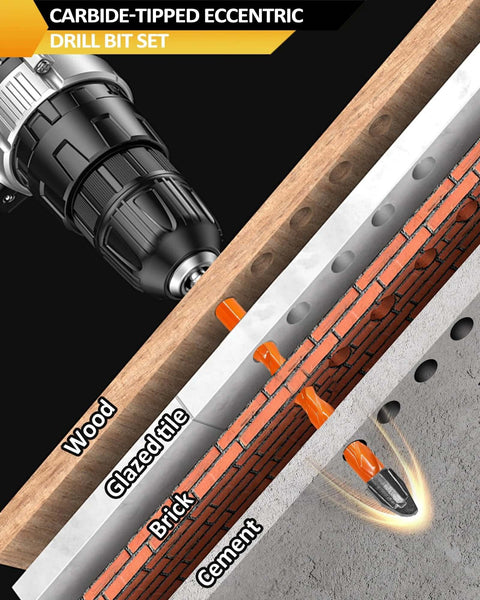 Masonry drill bit set BGTEC, 10 pcs, carbide-tipped eccentric bits (3/16"–1/2"), for masonry, brick, concrete, tile.