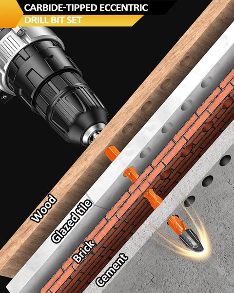 Tough As Nails Workhorse Masonry Drill Bit Set 10 Piece Carbide Kit shown drilling into wood, brick, glazed tile, and cement.