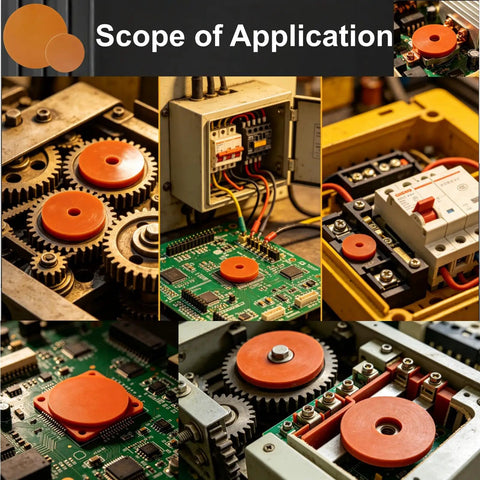 Applications of Orange Bakelite Disc 60x10mm Phenolic Resin Plate for Machining and Fabrication in industrial and electrical setups.