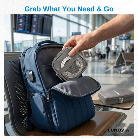 Hand retrieving Knock Off Cable Tangles Grab And Go Hard Shell Tech Organizer With Removable Pouches For Phones Chargers from a backpack.