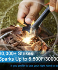 Hand using Extra Large Ferro Rod Fire Starter Kit 6 Inch by Half Inch Flint and Steel Survival Tool on leaves, creating sparks.