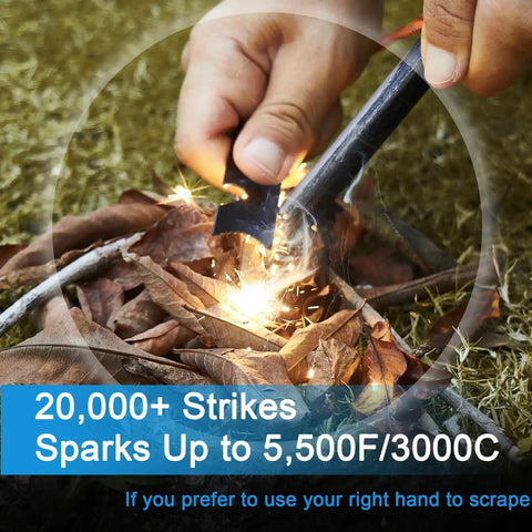 Hand using Extra Large Ferro Rod Fire Starter Kit 6 Inch by Half Inch Flint and Steel Survival Tool on leaves, creating sparks.