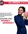 Smiling person holding piggy bank, promoting savings with 18x30x1 MERV 11 Allergen Pleated HVAC Air Filter 4 Pack For Your Home Use.