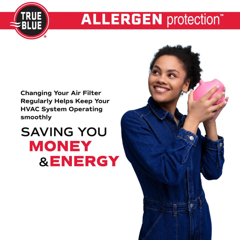 Smiling person holding piggy bank, promoting savings with 18x30x1 MERV 11 Allergen Pleated HVAC Air Filter 4 Pack For Your Home Use.