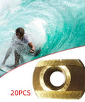 20 Piece M8 Hydrofoil Mounting T Nuts Hardware Kit for Water Sports Boards with brass T nut detail and surfer in wave