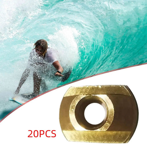 20 Piece M8 Hydrofoil Mounting T Nuts Hardware Kit for Water Sports Boards with brass T nut detail and surfer in wave