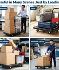 Collage of Heavy Duty Folding Hand Truck Dolly With Ergonomic Grip 330 Pound Capacity Rust Resistant Aluminum Frame Portable Moving Cart in various settings.