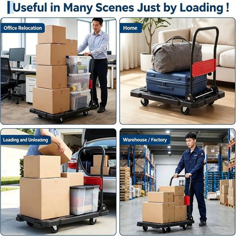 Collage of Heavy Duty Folding Hand Truck Dolly With Ergonomic Grip 330 Pound Capacity Rust Resistant Aluminum Frame Portable Moving Cart in various settings.