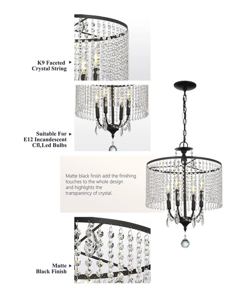 17 Inch Black Crystal Chandelier With Matte Black Frame Modern Mid Century Pendant Light Fixture E12 Base In Detail