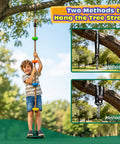 Child on Kids Tree Swing Set With 330Lb Capacity Rope Swing With Platforms And Disc Seat, two hanging methods shown.