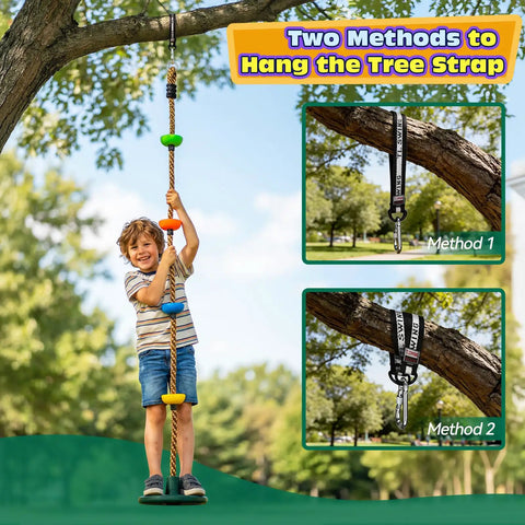 Child on Kids Tree Swing Set With 330Lb Capacity Rope Swing With Platforms And Disc Seat, two hanging methods shown.