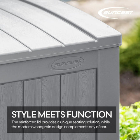 Close-up of the 134-Gallon Extra Large Outdoor Deck Box With Pad Lockable Lid, showing resin material and reinforced design.
