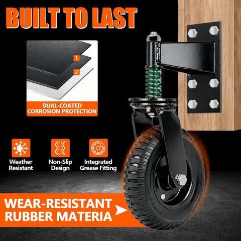 8 Inch Fence Gate Wheels Beefy 800 Lb Capacity Heavy Duty Gate Caster With Cushioned Spring Suspension attached to wood gate