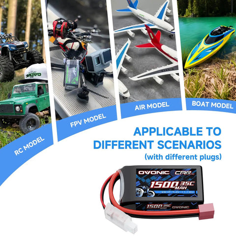 2S 1500mAh 7.4V 35C LiPo Shorty Battery Pack With Dean Style T Plug for diverse RC models including cars, planes, and boats.